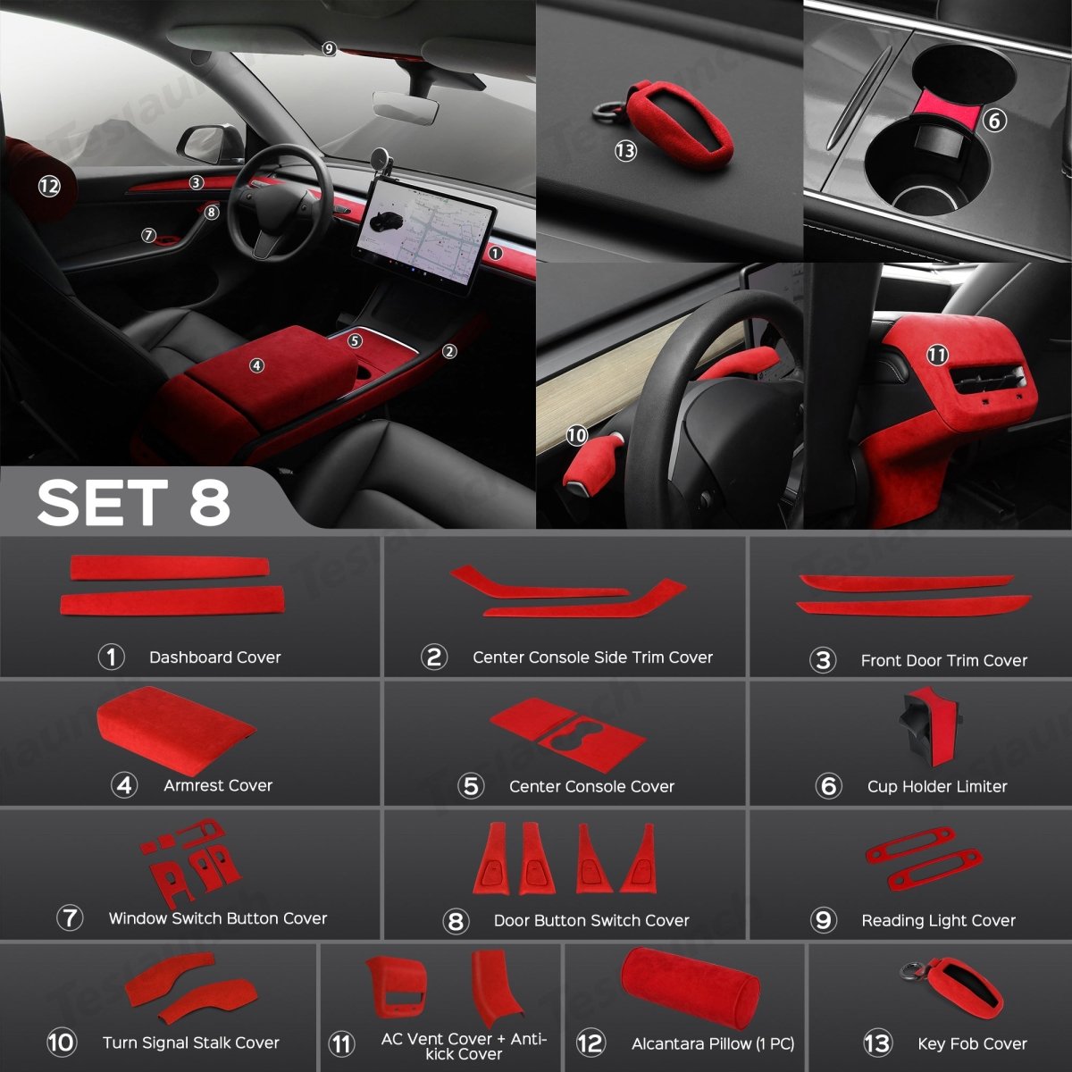 Red Alcantara Wrap Kit Interior Accessories for 2021-2023 Model 3 and Model Y - T-Launch