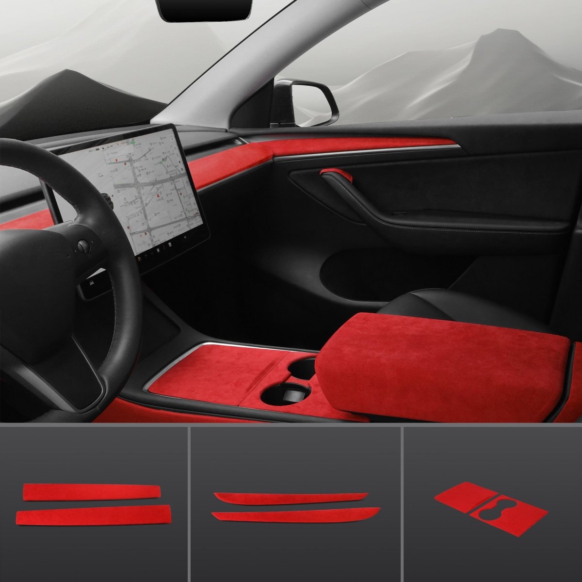 Red Alcantara Wrap Kit Interior Accessories for 2021-2023 Model 3 and Model Y - T-Launch