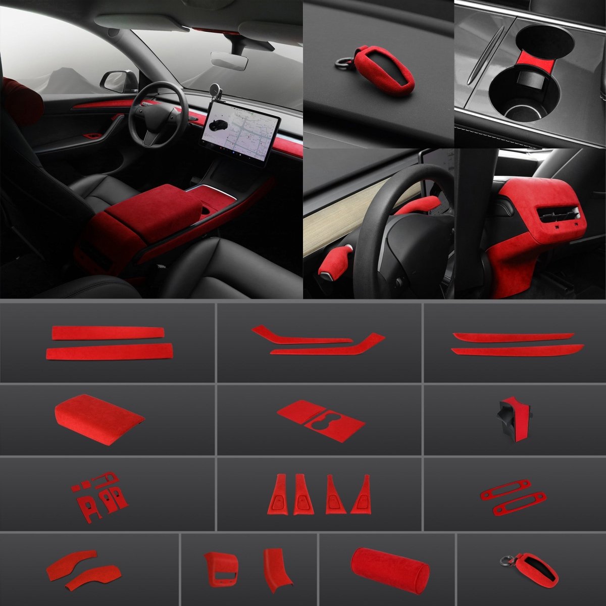 Red Alcantara Wrap Kit Interior Accessories for 2021-2023 Model 3 and Model Y - T-Launch