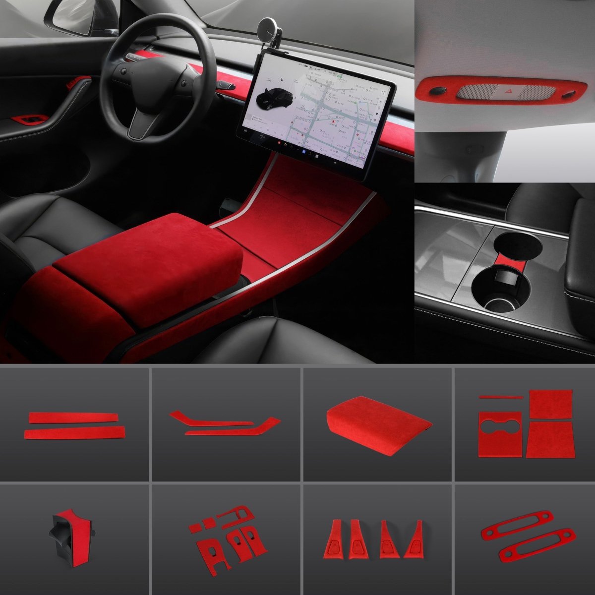 Red Alcantara Wrap Kit Interior Accessories for 2021-2023 Model 3 and Model Y - T-Launch