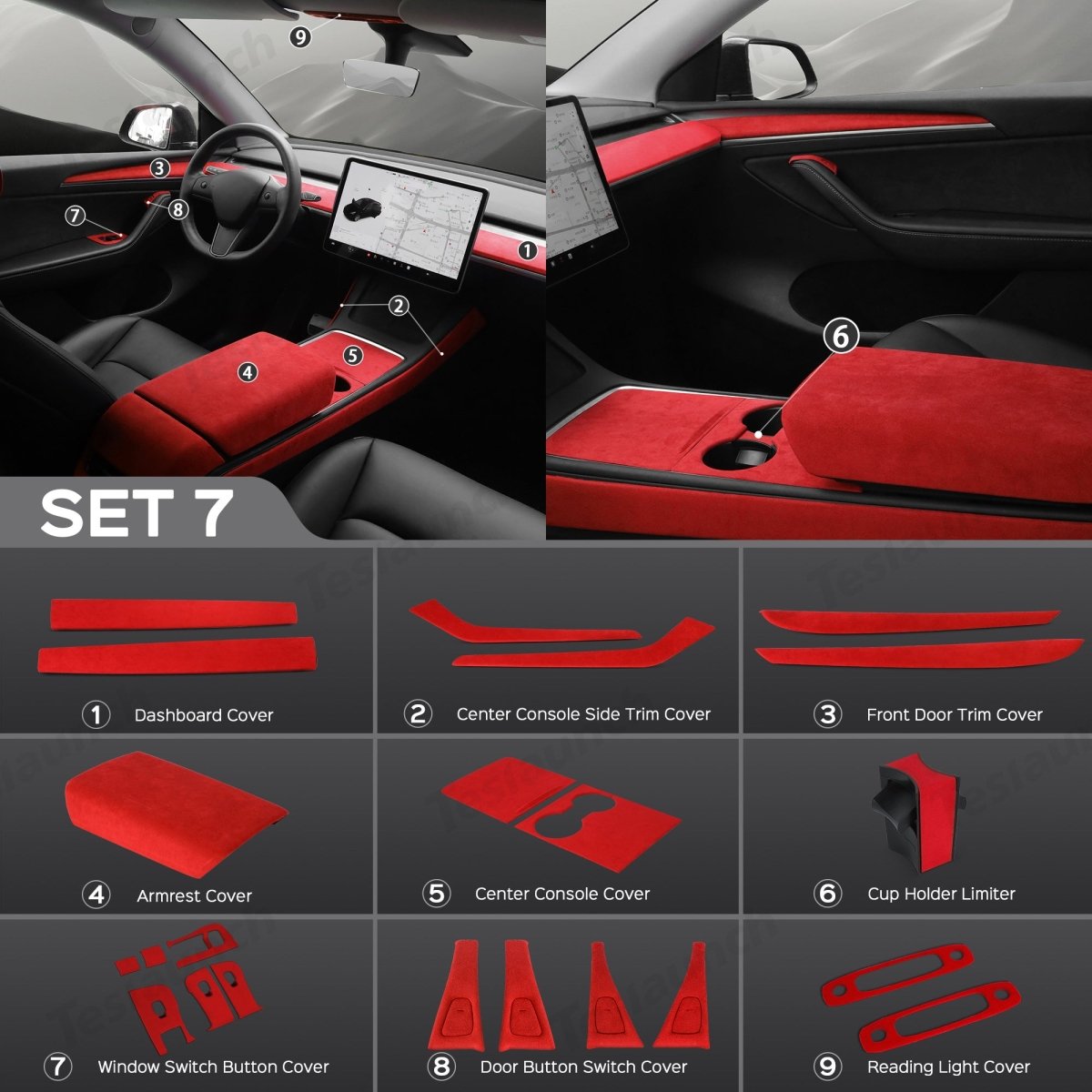 Red Alcantara Wrap Kit Interior Accessories for 2021-2023 Model 3 and Model Y - T-Launch