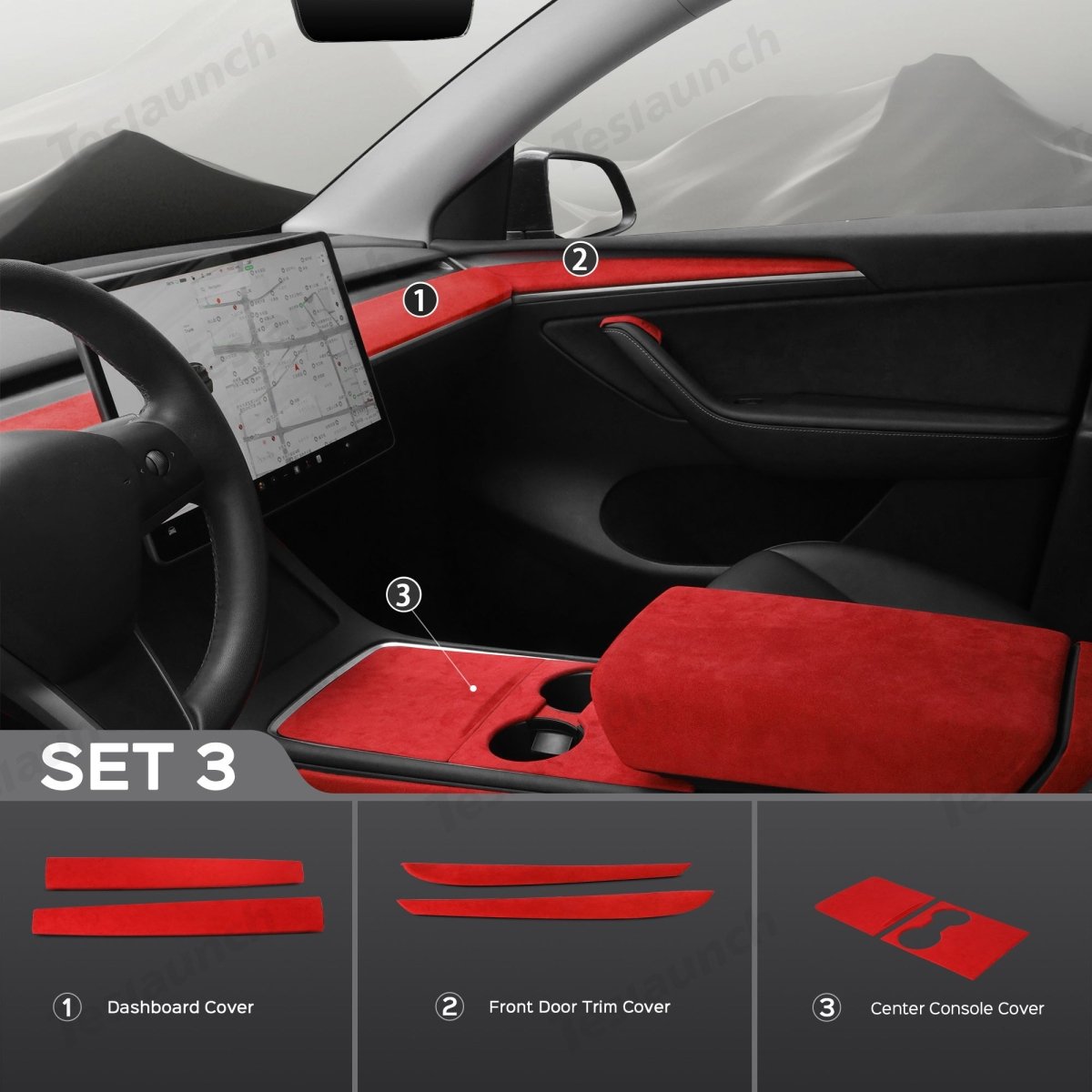 Red Alcantara Wrap Kit Interior Accessories for 2021-2023 Model 3 and Model Y - T-Launch