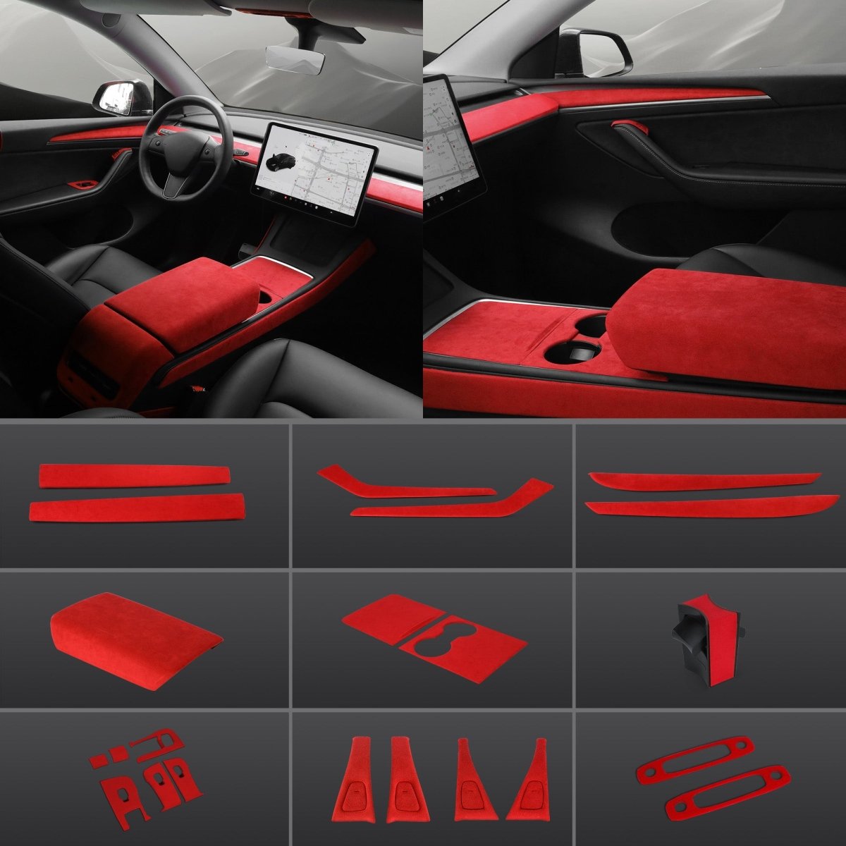 Red Alcantara Wrap Kit Interior Accessories for 2021-2023 Model 3 and Model Y - T-Launch