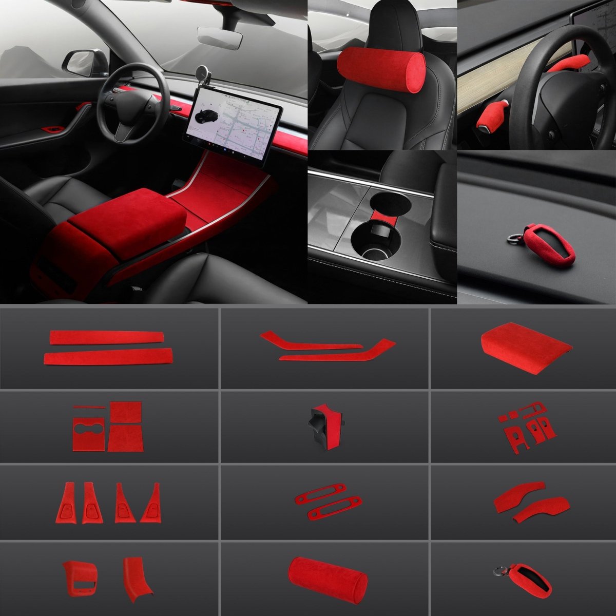 Red Alcantara Wrap Kit Interior Accessories for 2021-2023 Model 3 and Model Y - T-Launch