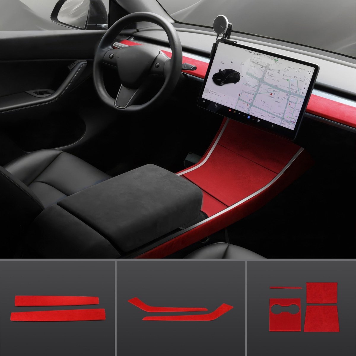 Red Alcantara Wrap Kit Interior Accessories for 2021-2023 Model 3 and Model Y - T-Launch