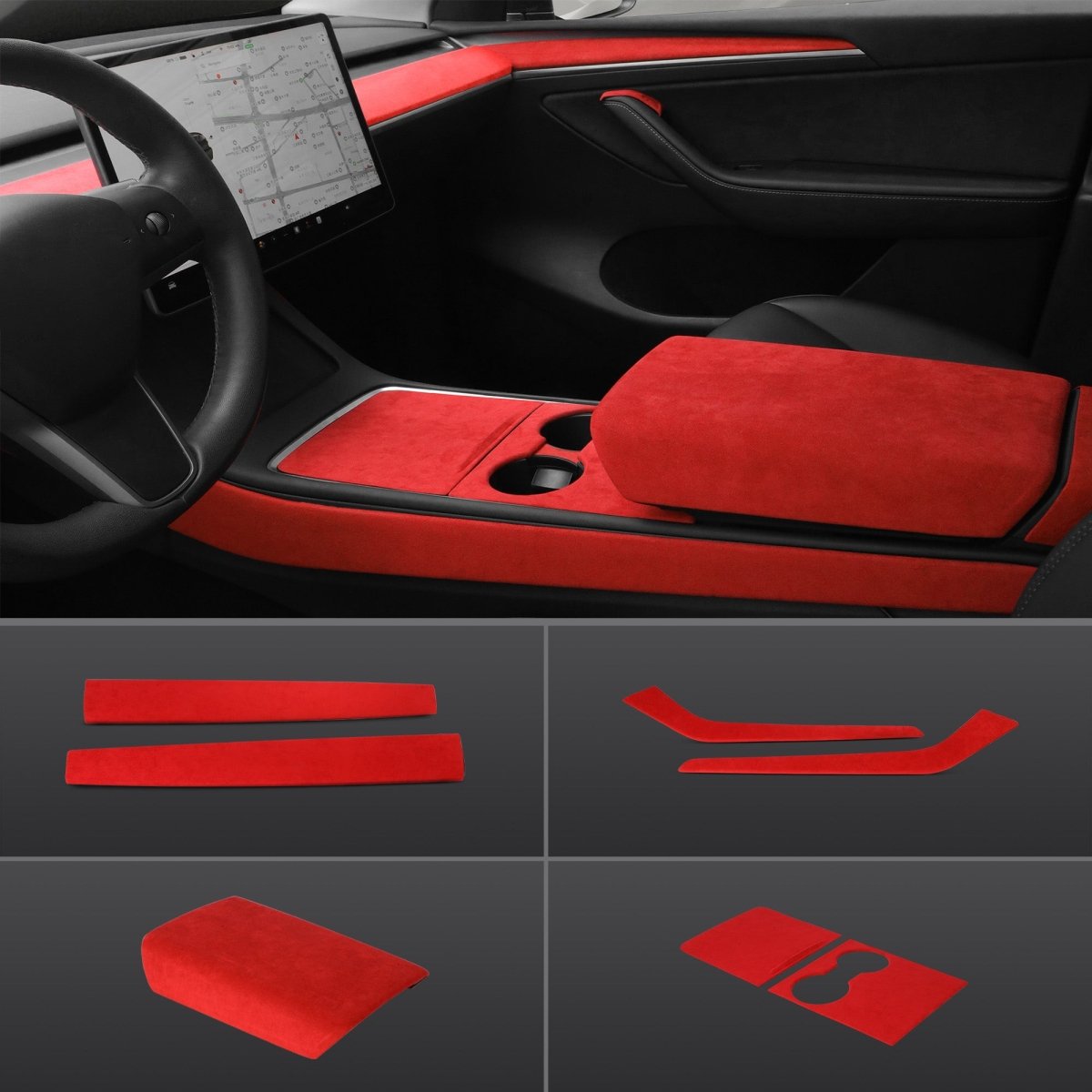 Red Alcantara Wrap Kit Interior Accessories for 2021-2023 Model 3 and Model Y - T-Launch