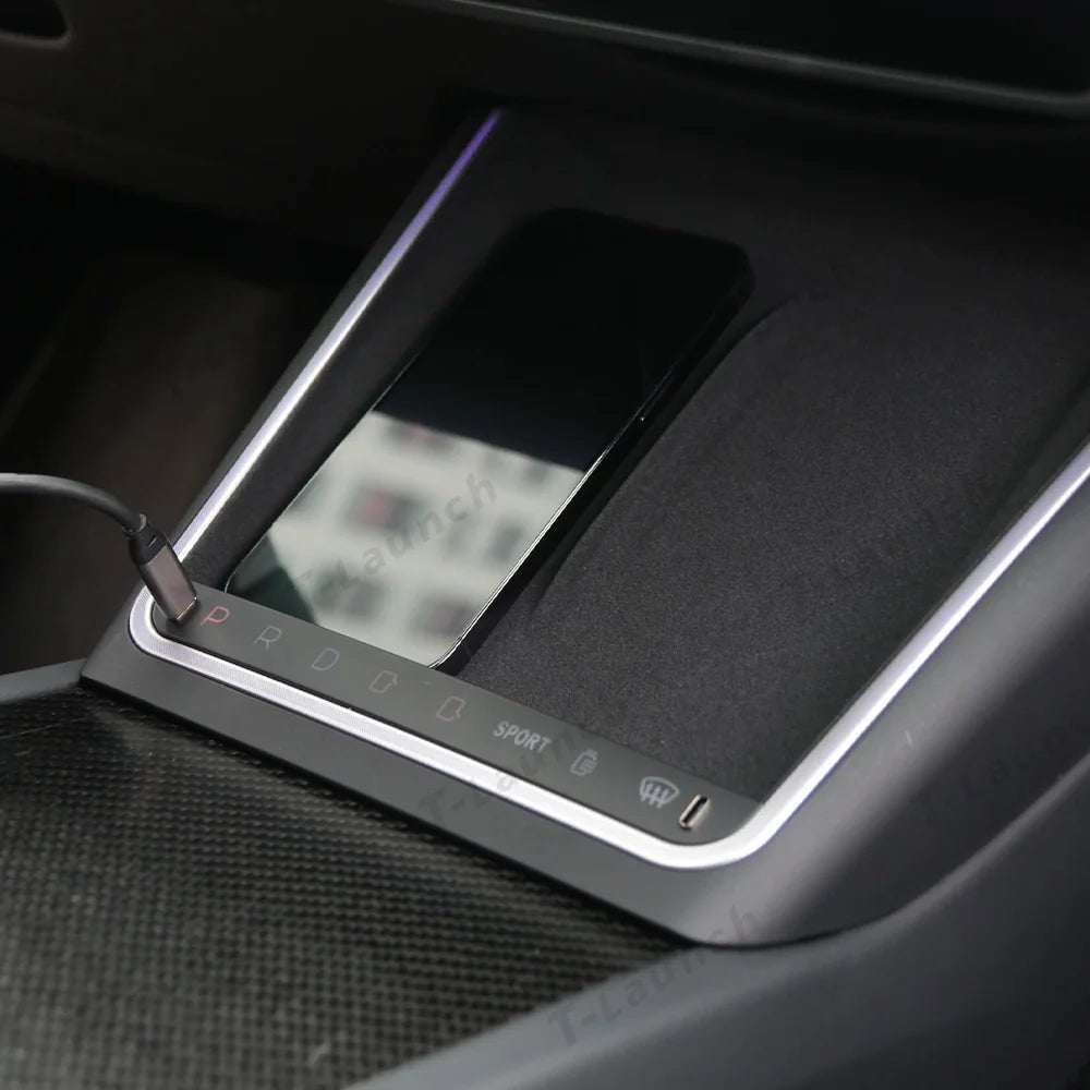 Smart Touch Center Console Wireless Charging Dock with Ambient Light Sync for Tesla Model Y Juniper 2025+ / Model 3 Highland 2024+ - T-Launch
