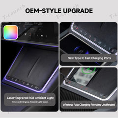Smart Touch Center Console Wireless Charging Dock with Ambient Light Sync for Tesla Model Y Juniper 2025+ / Model 3 Highland 2024+ - T-Launch