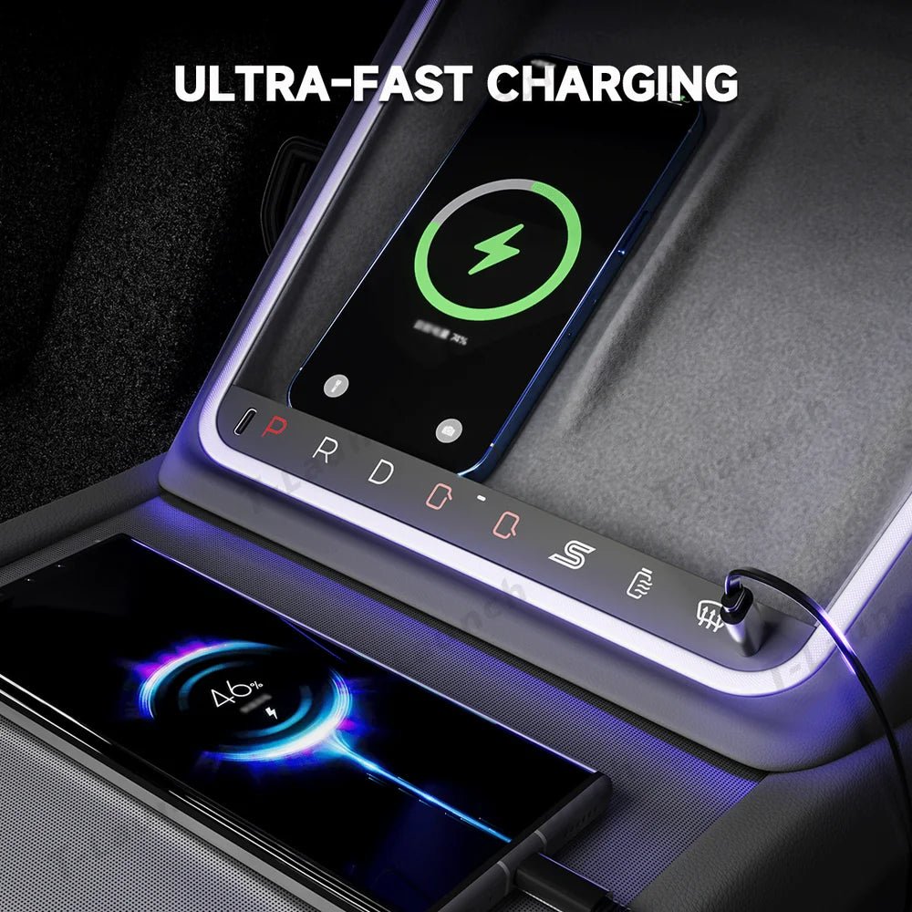 Smart Touch Center Console Wireless Charging Dock with Ambient Light Sync for Tesla Model Y Juniper 2025+ / Model 3 Highland 2024+ - T-Launch