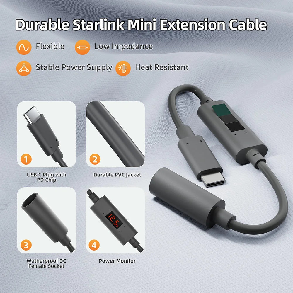 Starlink Mini PD USB-C to DC Female Adapter with Digital Display (Volt/Amp) - T-Launch