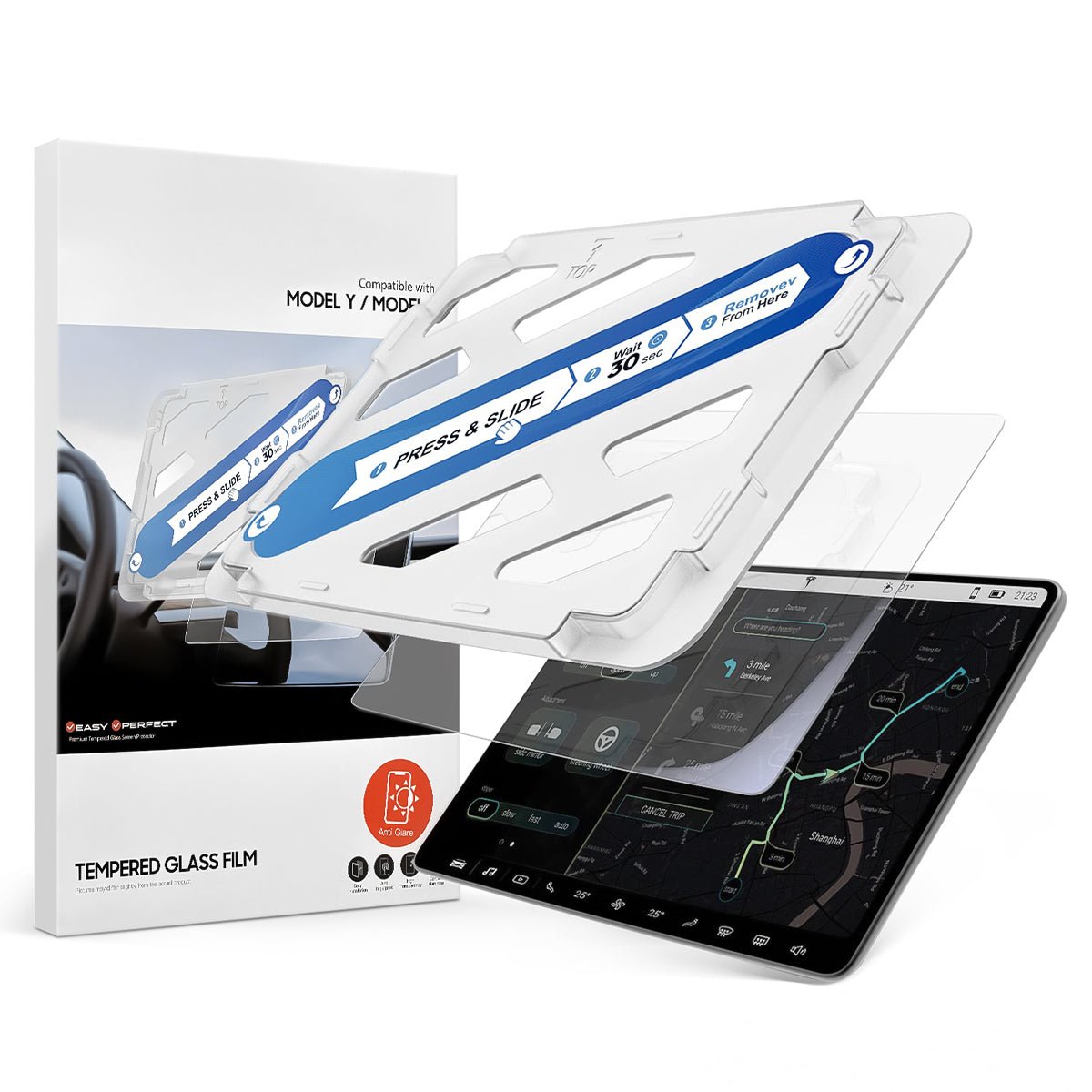 Ultra-Premium Tempered Glass Screen Protector for Model 3 and Model Y with Easy Installation Aids and High Durability - T-Launch
