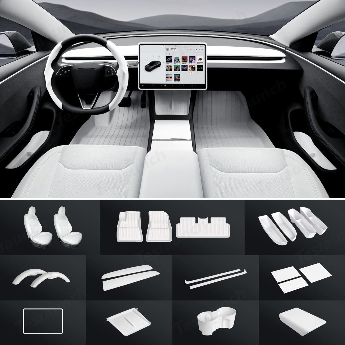 White Interior Upgrade Kit for Tesla Model 3 Highland 2024+ - T-Launch