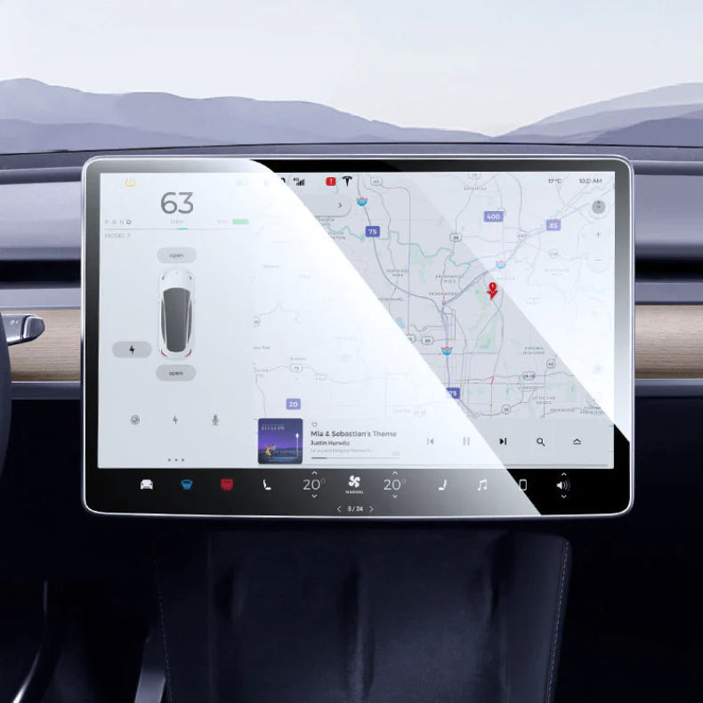 Ochranná fólie na obrazovce palubní desky a sedadla ve druhé řadě Tvrzená  fólie plně pokrývá Tesla 2024 Model 3 Vysočina